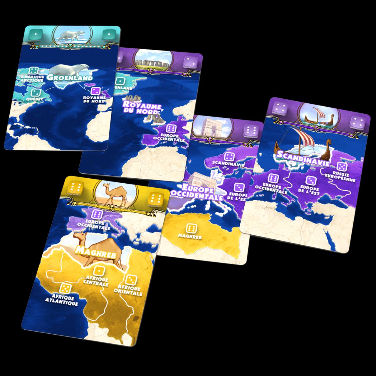 Cartes de Conquêtes dont les continents sont distingués par des couleurs, des animaux et des frises différentes
