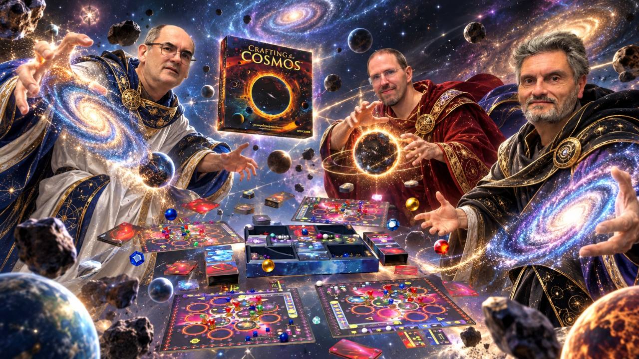 Trois joueurs autour d’une partie de Crafting the Cosmos, mis en scène comme des architectes de l’univers