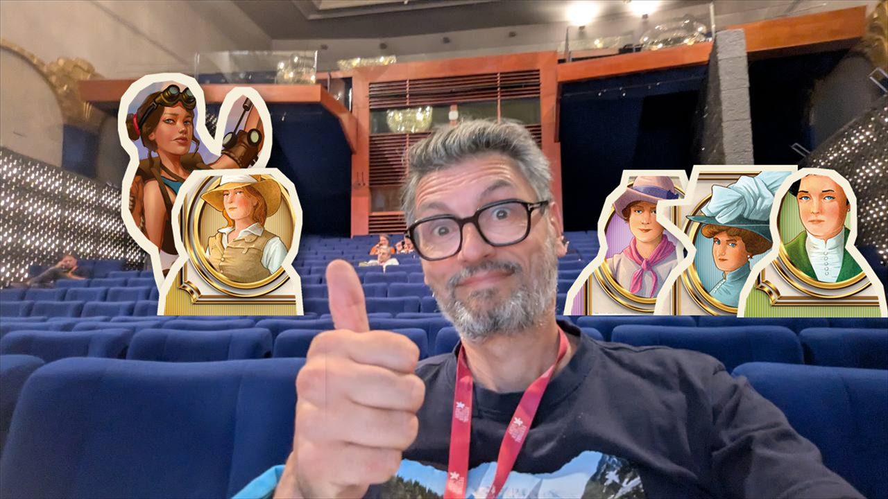 Cesare Mainardi entouré de personnages féminins de jeux