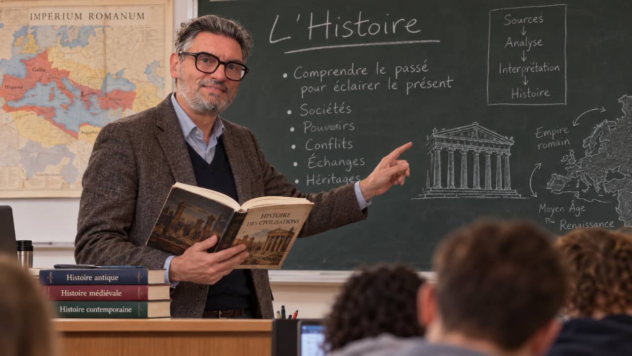 Cesare Mainardi devant un tableau consacré à l’histoire, un livre à la main